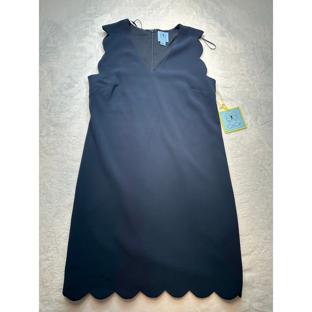 CeCe Sleeveless Scallop Trim V-Neck Shift Dress Caviar Navy Blue Size 2 NWT -195